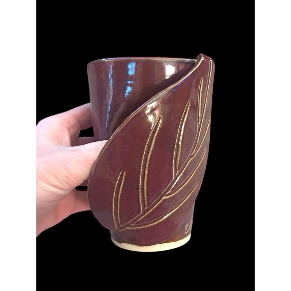 Studio Art Pottery Applied Leaf Handwarmer Ceramic Mug Dark Plum Stamped “DD”
